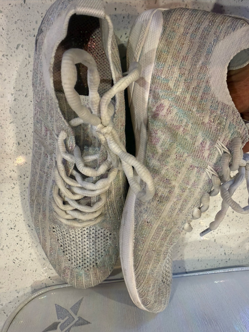 Rebel Women's Knit Cheer shoes in Cream with rainbow Iridescent Sheen with bag